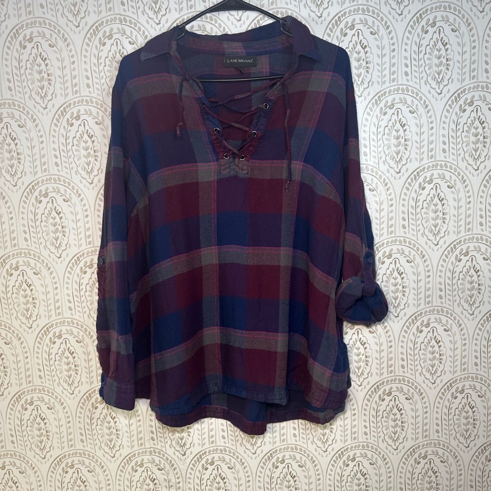 Lane Bryant Plaid Lace Up Long Sleeve Flannel Shirt Women 18/20 2x Burgundy Navy